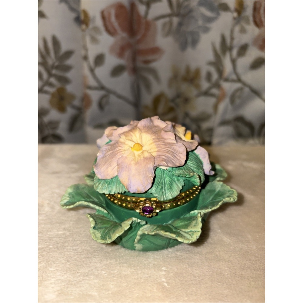 Floral Trinket Box with Hinged Lid and Purple Gem Accent – Pansy Flower Design - Picture 1 of 4